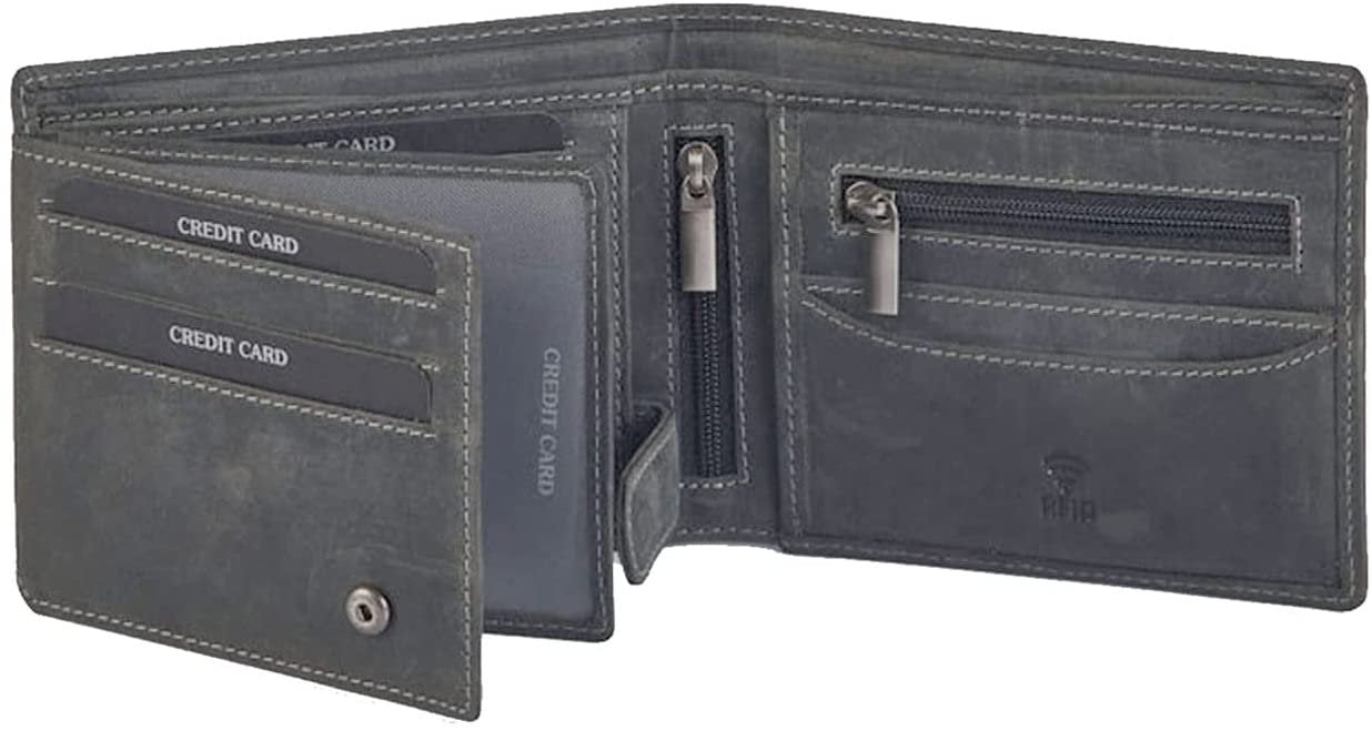 Leather Wallet for Men's-Genuine Washed Calf RFID Blocking Bifold Men Wallet With Coin Pocket (Vertical Flip Stitched Collar, Black)