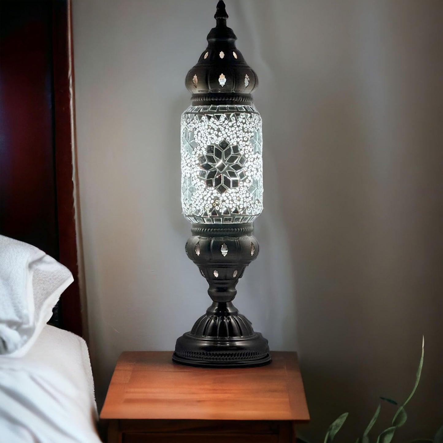 Turkish Cylinder Table Lamp Mosaic Glass Accent Boho Lamps Moroccan Lantern (Blue Star)