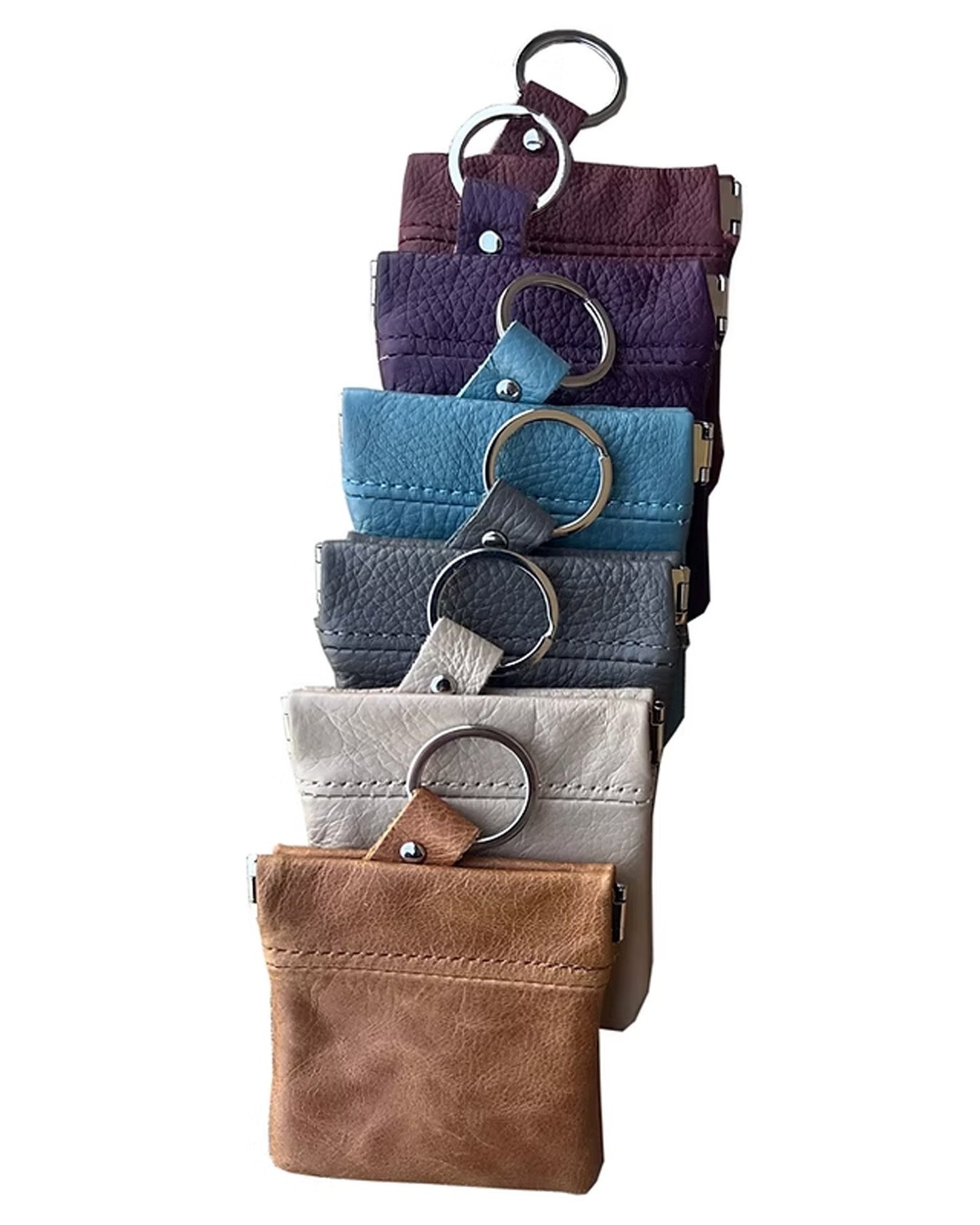 Cowhide Leather Coin Purse Change Holder Squeeze Spring Closure w Key Ring, 3.0" by 3.25"