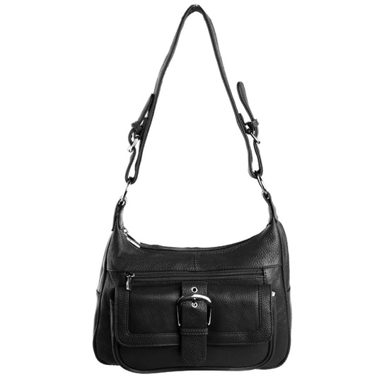 Women's Hobo Leather Handbag with 2 Entry, Buckled Front Pocket Silver Fever