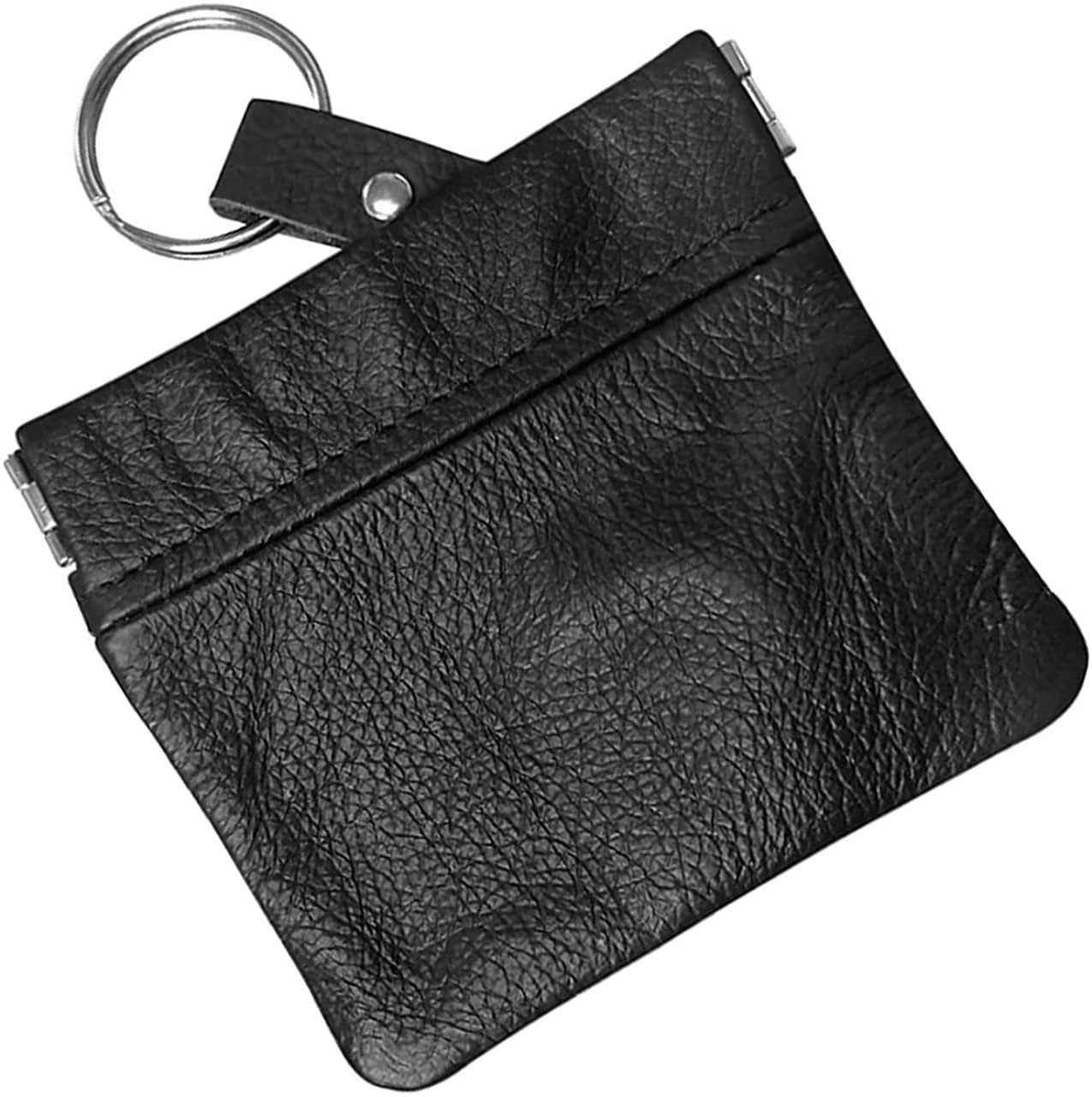 Leather Coin Purse Change Holder Squeeze Spring Closure Pouch w Key Ring, 3.5" by 3.5" - Great Gift for Men Women